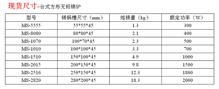 MS方形锡炉尺寸
